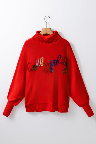 Rote Weihnachten Holly Jolly Tinsel Grafik High Neck Pullover