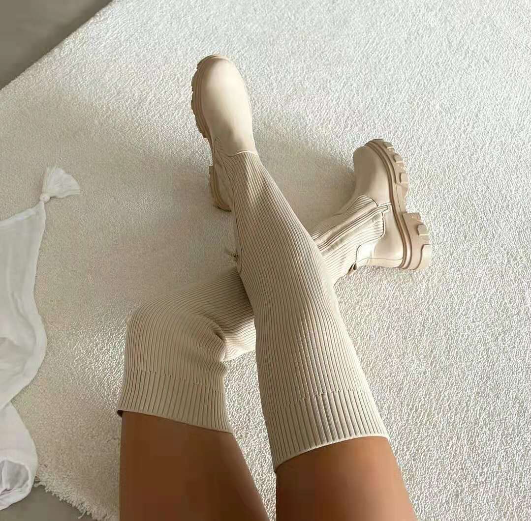 Heidi-Mode | Elegante Hohe Strumpfstiefel Bis Zum Knie In Strick