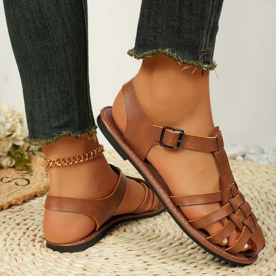 Heidi-Mode | Gewebte Flache Sandalen für Damen Vintage Stil, Geschlossener Zeh, Schnallenverschluss