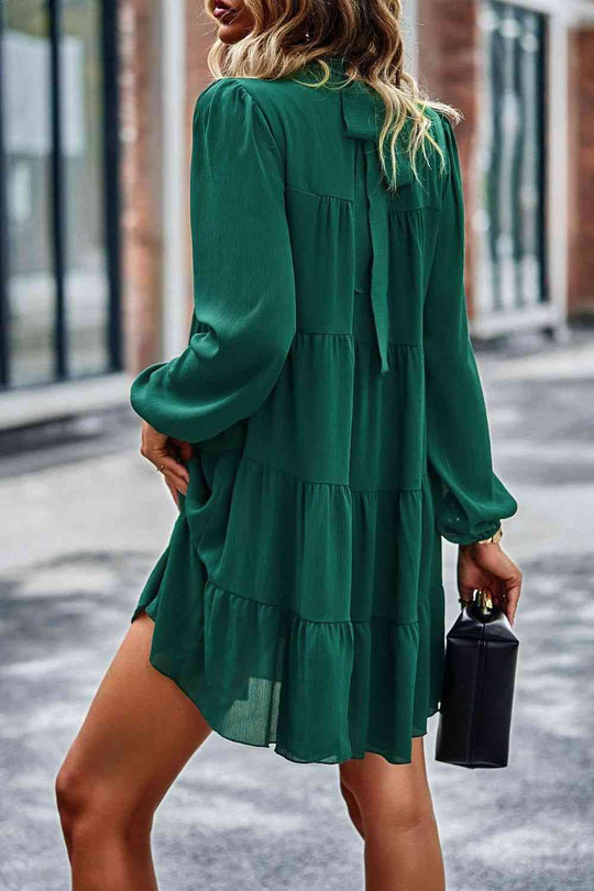 Heidi-Mode | Gebunden Rüschkragen Puffärmel Mini Kleid