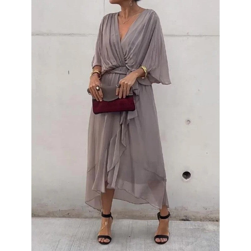 Heidi-Mode | V-Ausschnitt Sommerkleid mit Fledermausärmeln Im Unifarben Design