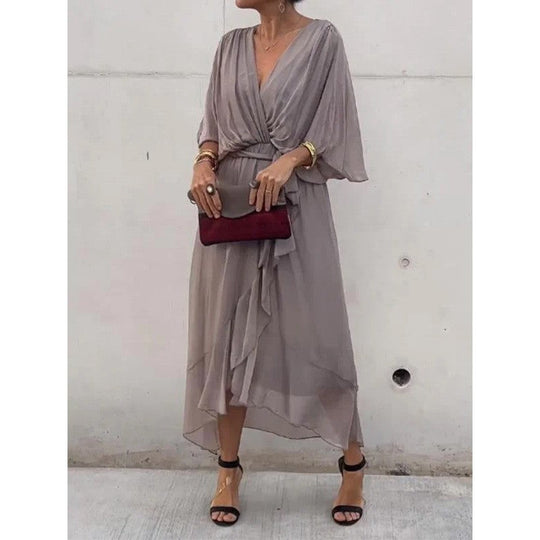 Heidi-Mode | V-Ausschnitt Sommerkleid mit Fledermausärmeln Im Unifarben Design