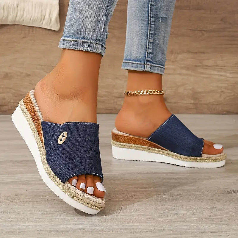 Heidi-Mode | Jeans Slip-On Keil Sandalen mit Plateau