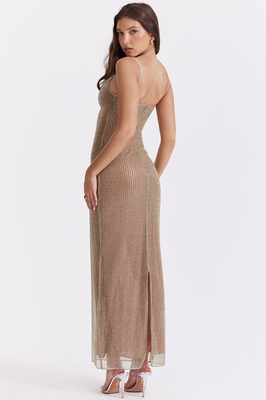 Heidi-Mode | Maxikleid mit café au lait Perlen