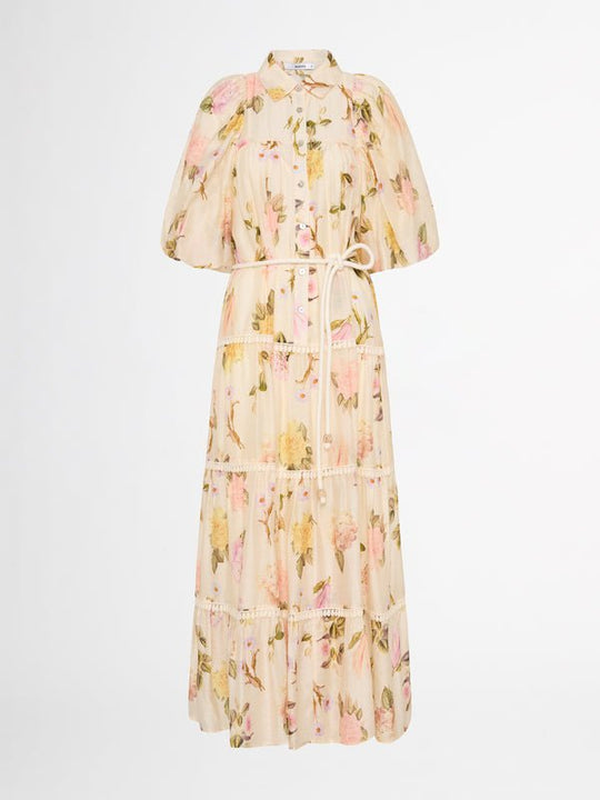 Heidi-Mode | Maxi Hemdblusenkleid mit Spitzenrand und Puffärmeln