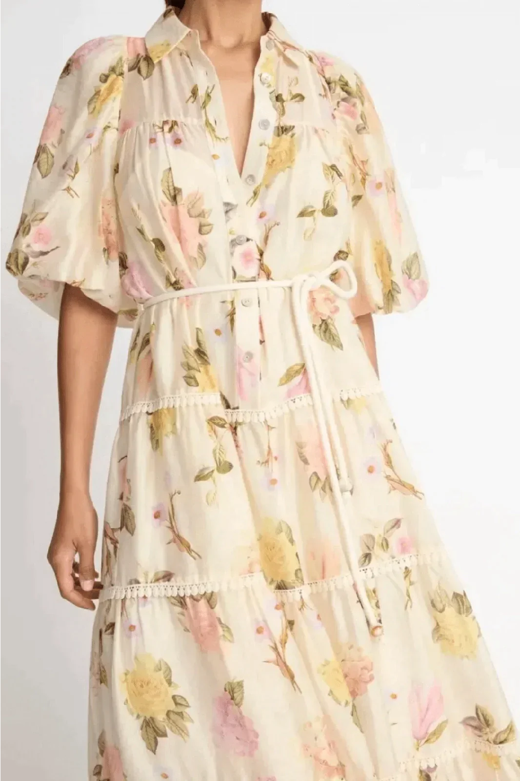 Heidi-Mode | Maxi Hemdblusenkleid mit Spitzenrand und Puffärmeln