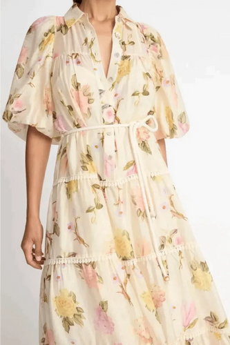 Heidi-Mode | Maxi Hemdblusenkleid mit Spitzenrand und Puffärmeln