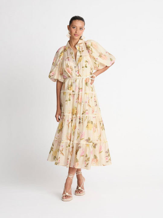 Heidi-Mode | Maxi Hemdblusenkleid mit Spitzenrand und Puffärmeln