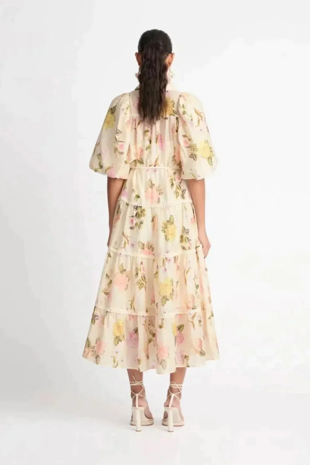 Heidi-Mode | Maxi Hemdblusenkleid mit Spitzenrand und Puffärmeln