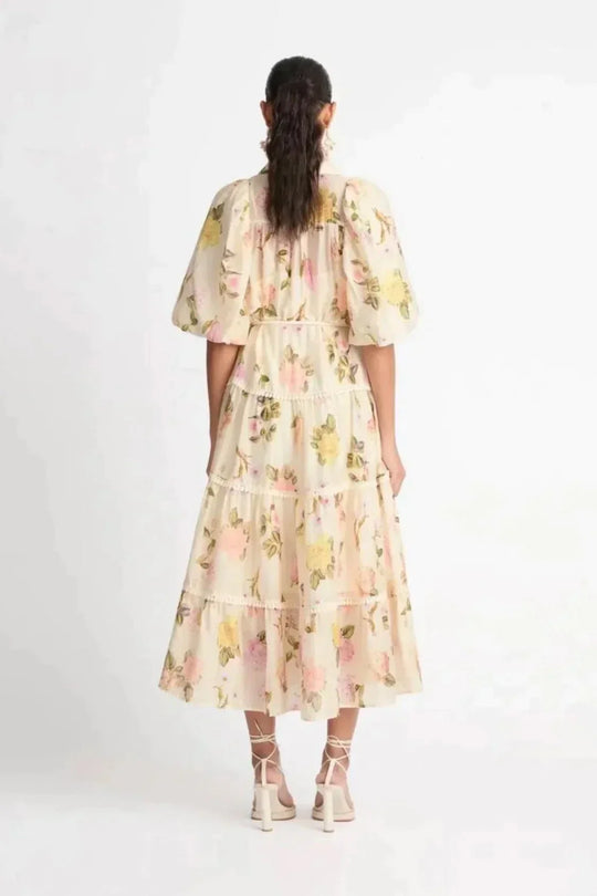Heidi-Mode | Maxi Hemdblusenkleid mit Spitzenrand und Puffärmeln