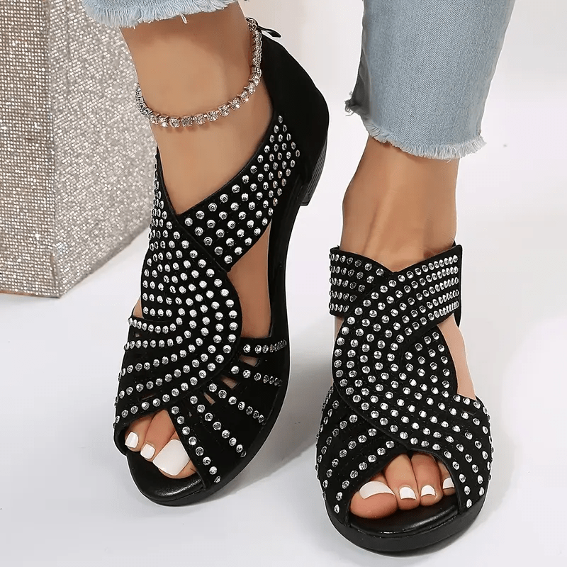 Heidi-Mode | Elegante Damen Leder Sandalen mit Kristallen