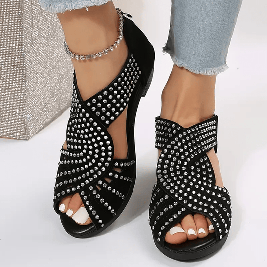 Heidi-Mode | Elegante Damen Leder Sandalen mit Kristallen