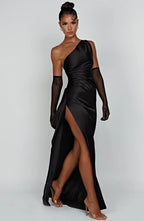 Falten Satin Schlitzkleid