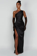 Damen-Maxikleid aus Satin mit einer Schulter und Plissee