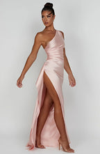 Falten Satin Schlitzkleid