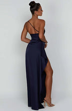 Damen-Maxikleid aus Satin mit einer Schulter und Plissee