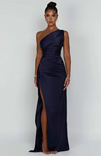Falten Satin Schlitzkleid