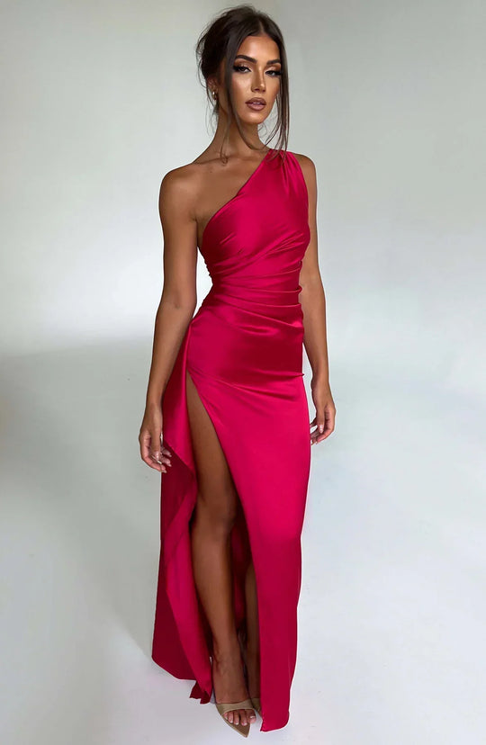 Mode Dress | Geplooide Satijnen Split Jurk