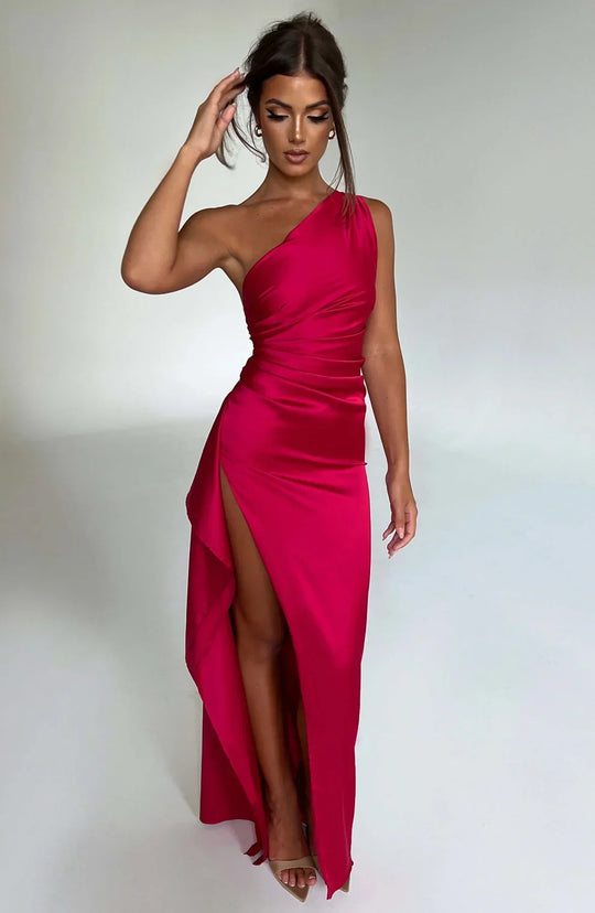 Mode Dress | Geplooide Satijnen Split Jurk
