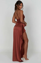 Falten Satin Schlitzkleid