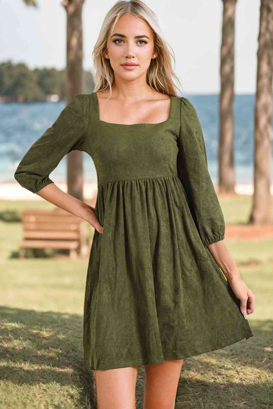Heidi-Mode | Quadrat-Ausschnitt Dreiviertel-Ärmel Mini Kleid