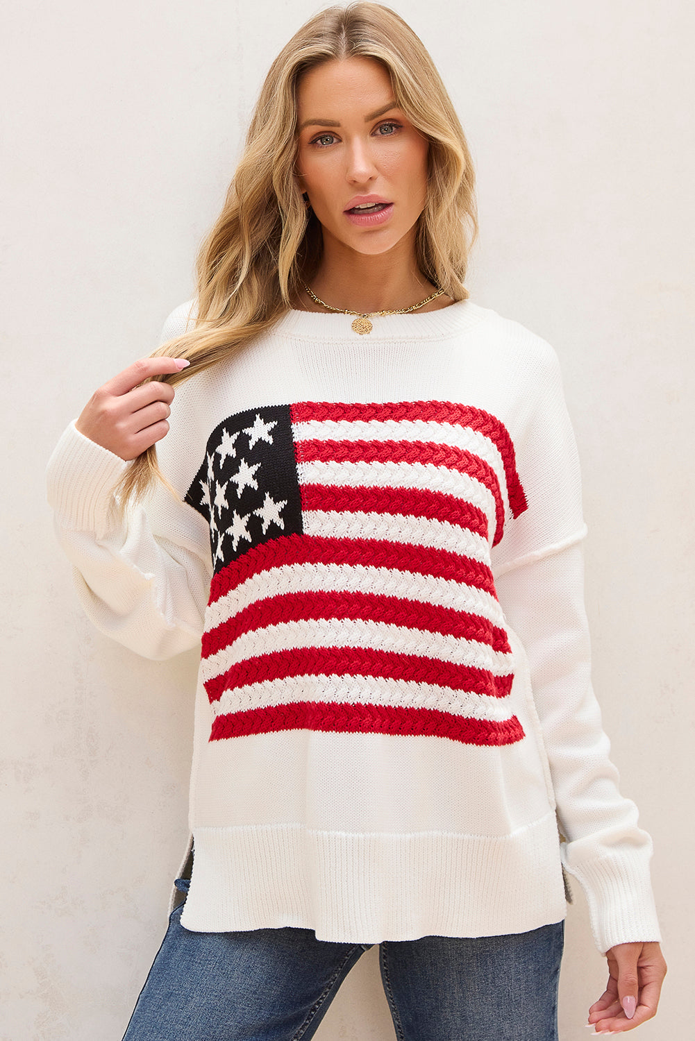 Pullover Mit Amerikanischer Flagge Und Gestrickten Schultern