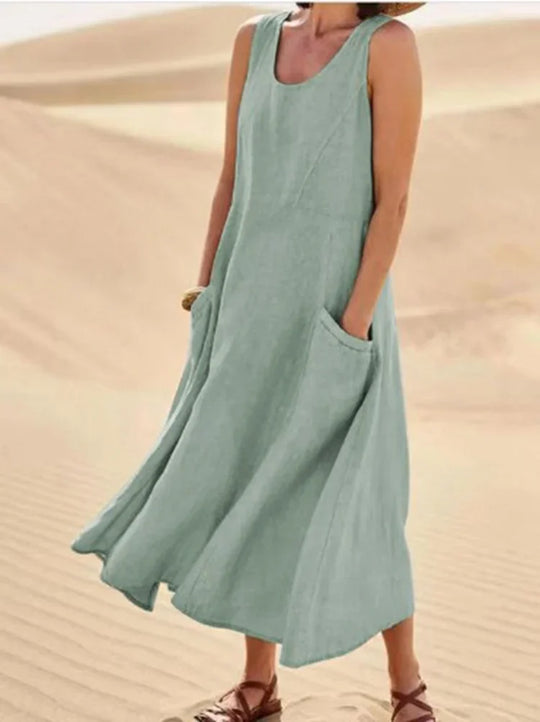 Heidi-Mode | Ärmelloses Kleid aus Baumwolle und Leinen mit Taschen für Frauen