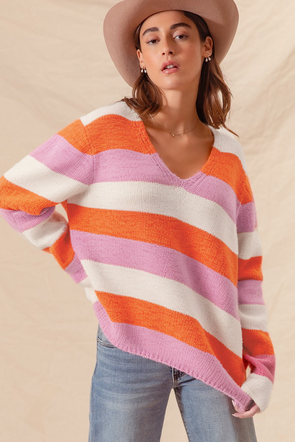 Gestreifter Colorblock V-Ausschnitt Freizeitpullover