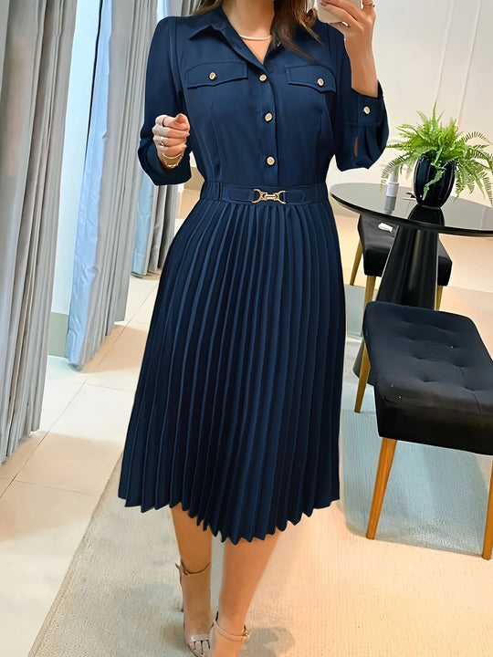 Heidi-Mode | Baumwolle Knopf Front Plissiert Langarm Abendkleid für Frauen