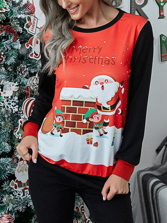 Heidi-Mode | Weihnachtsdesign Splicing Langarm-T-Shirt