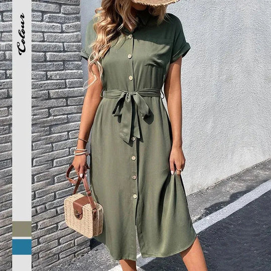 Heidi-Mode | Summer long dress with short sleeves, lacing and folded collar