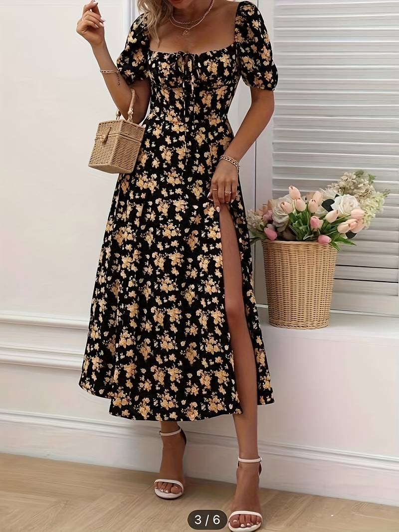 florale Puffärmel mit Schlitz Kleid