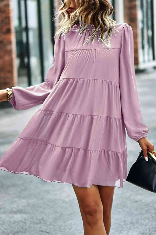 Heidi-Mode | Gebunden Rüschkragen Puffärmel Mini Kleid