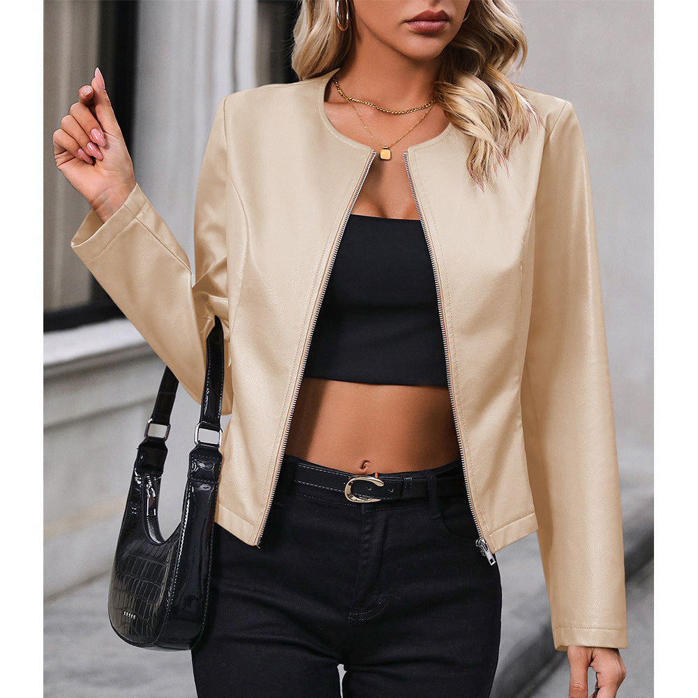 Heidi-Mode | Damen Bikerjacke Aus Leder Mit Langen Ärmeln – Casual Einfarbige Übergangsjacke