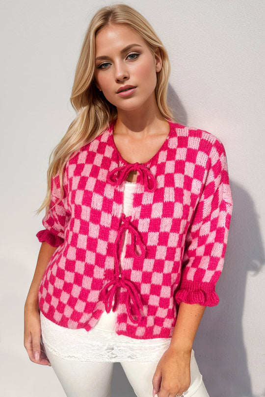 Heidi-Mode | Double Take Gebunden Karierter Fall Schulter Volant Ärmel Strickjacke
