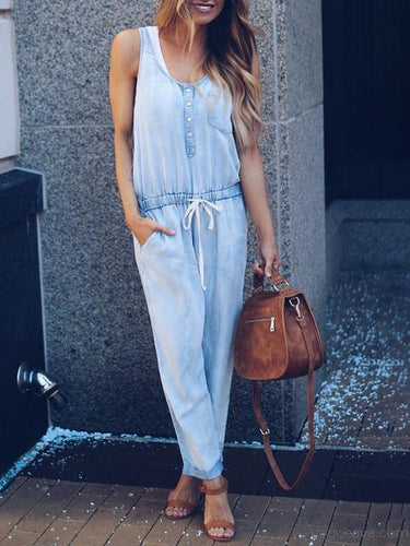 Heidi-Mode | Slim Ärmellos Taille Denim Jumpsuit