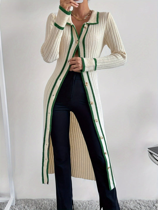 Heidi-Mode | Kontrastierende Verzierung und Knopfleiste Vorne, Elegantes, Schmales Kleid mit Langem Kragen für Frühling und Herbst, Damenbekleidung