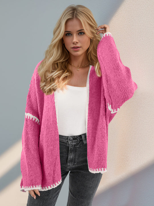 Heidi-Mode | Double Take Kontrast Offene Vorderseite Herunterfallende Schulter Strickjacke