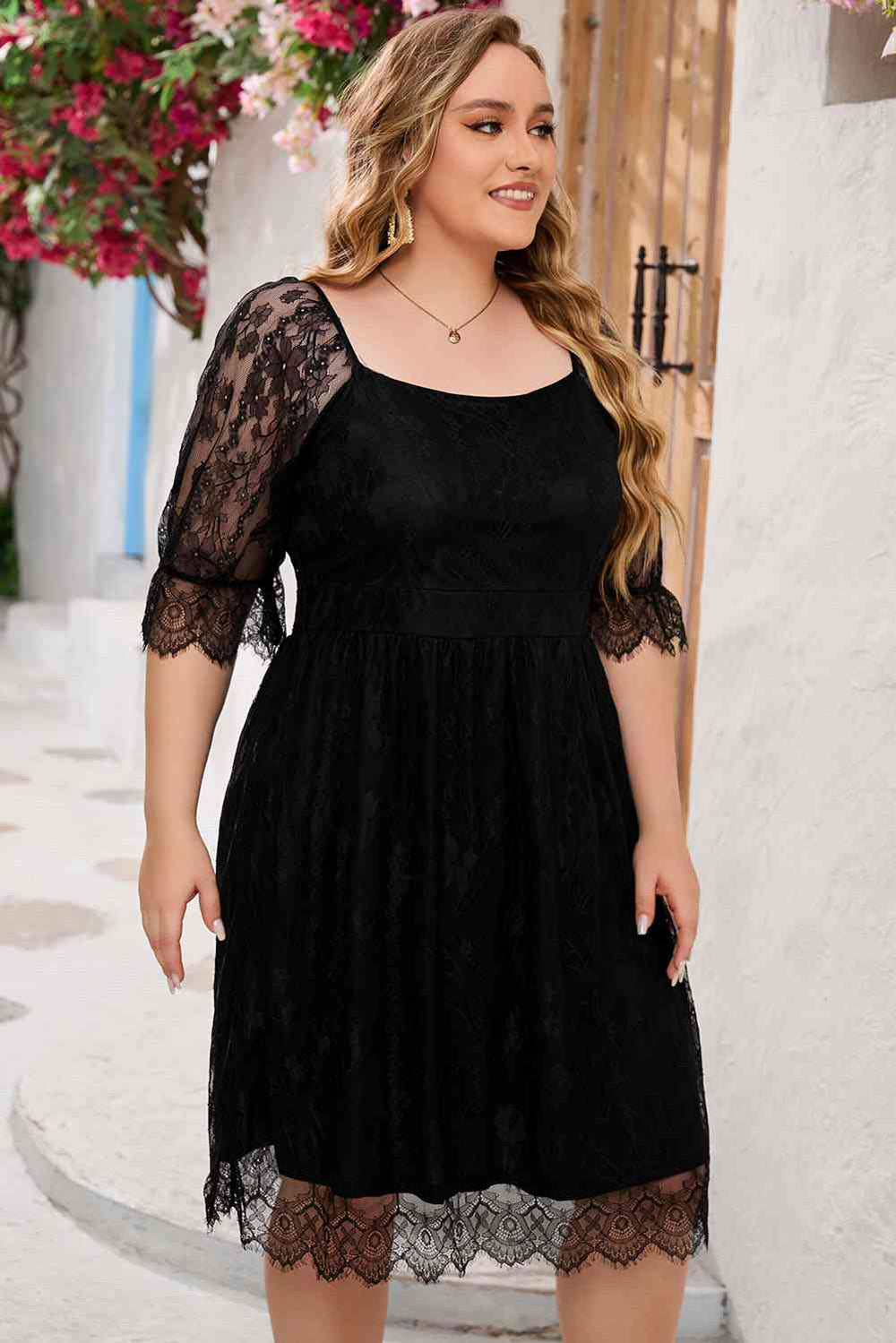 Heidi-Mode | Plus-Size Spitze Volantärmel Quadrat Ausschnitt Kleid