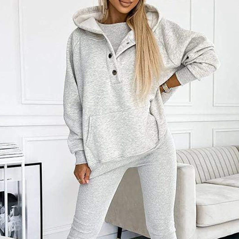 Heidi-Mode | 3-Teiliger Damen Sportanzug Lockere Kapuzenpullover Slim Hosen
