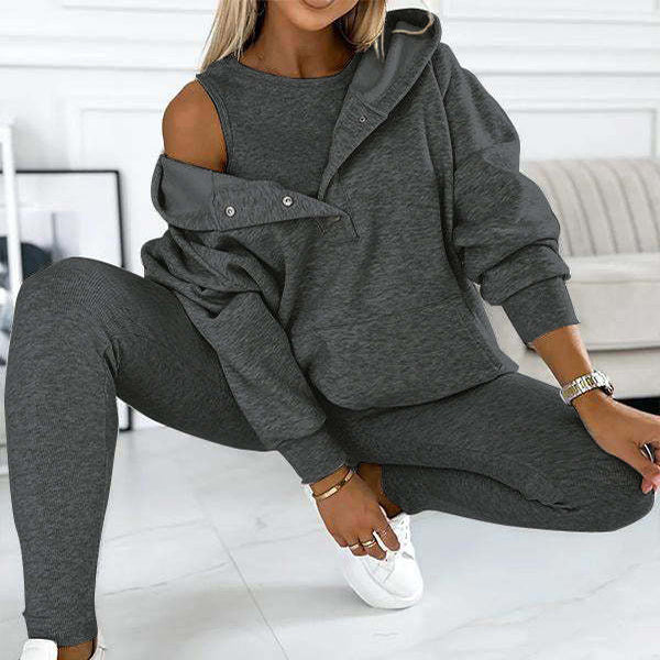 Heidi-Mode | 3-Teiliger Damen Sportanzug Lockere Kapuzenpullover Slim Hosen