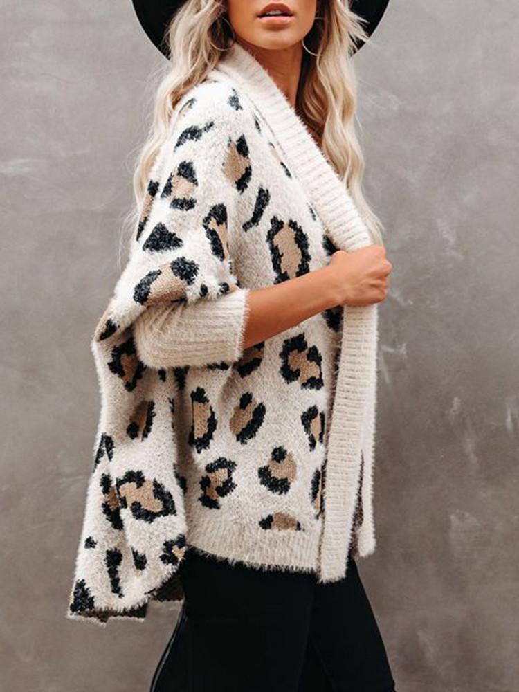 Heidi-Mode | Fledermausärmel Leopard Lockere Strickjacke