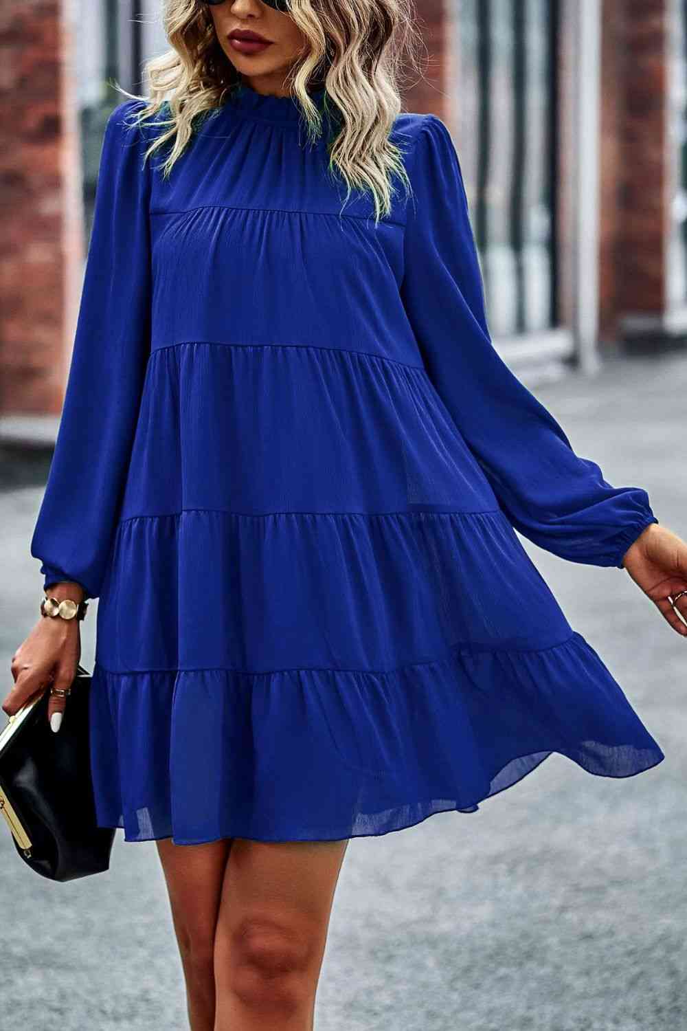 Heidi-Mode | Gebunden Rüschkragen Puffärmel Mini Kleid
