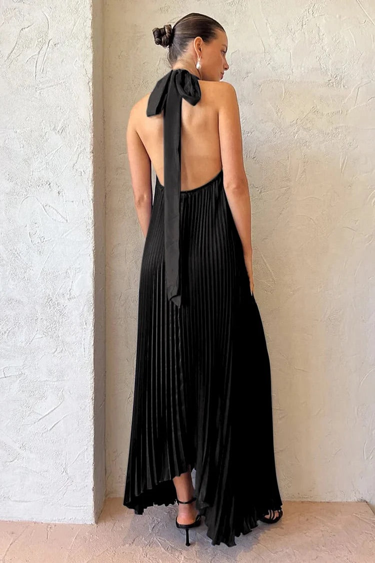 Heidi-Mode | Halter Tied Up Cutout Neck Pleated Backless Asymmetrischer Saum Hochzeitsgast Maxi Kleider