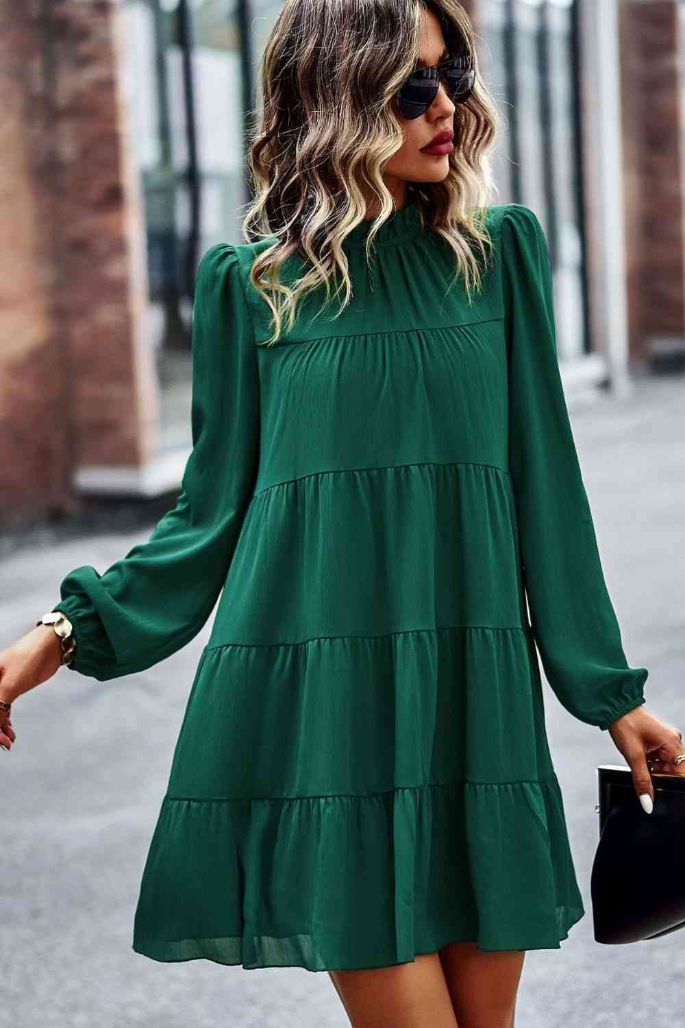 Heidi-Mode | Gebunden Rüschkragen Puffärmel Mini Kleid