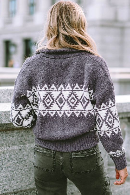 Western Pullover Mit Geometrischem Aufdruck Und Viertelreißverschluss