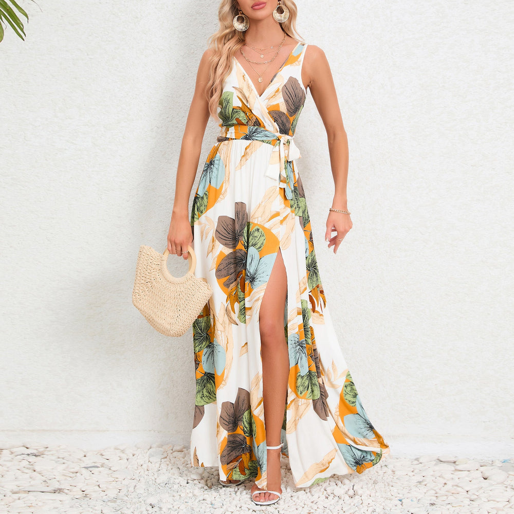 Sommer Mode Taille Krawatte Schlitz Design ärmelloses Kleid
