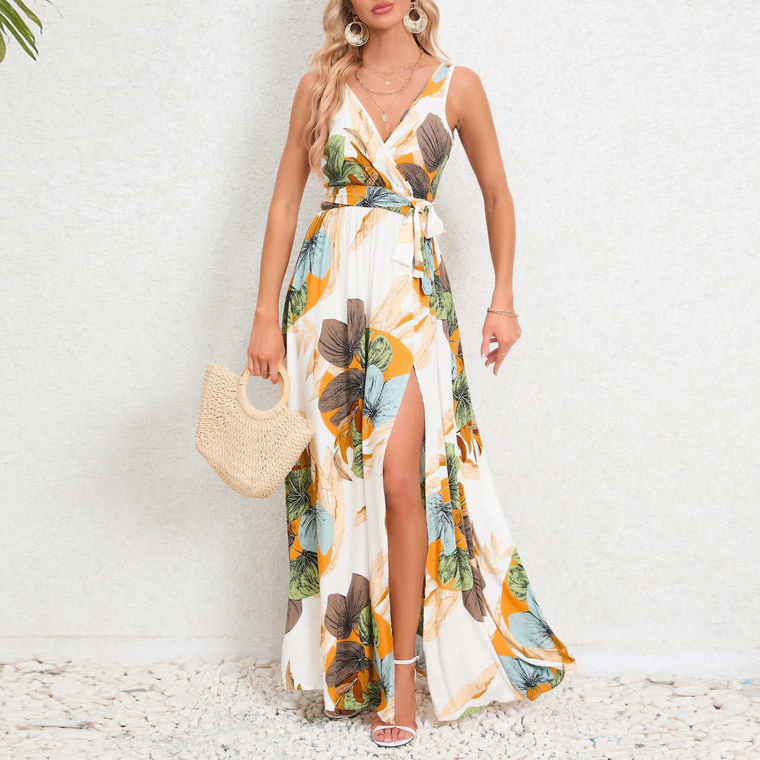 Sommer Mode Taille Krawatte Schlitz Design ärmelloses Kleid