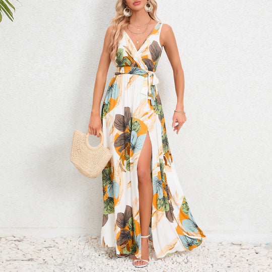 Sommer Mode Taille Krawatte Schlitz Design ärmelloses Kleid