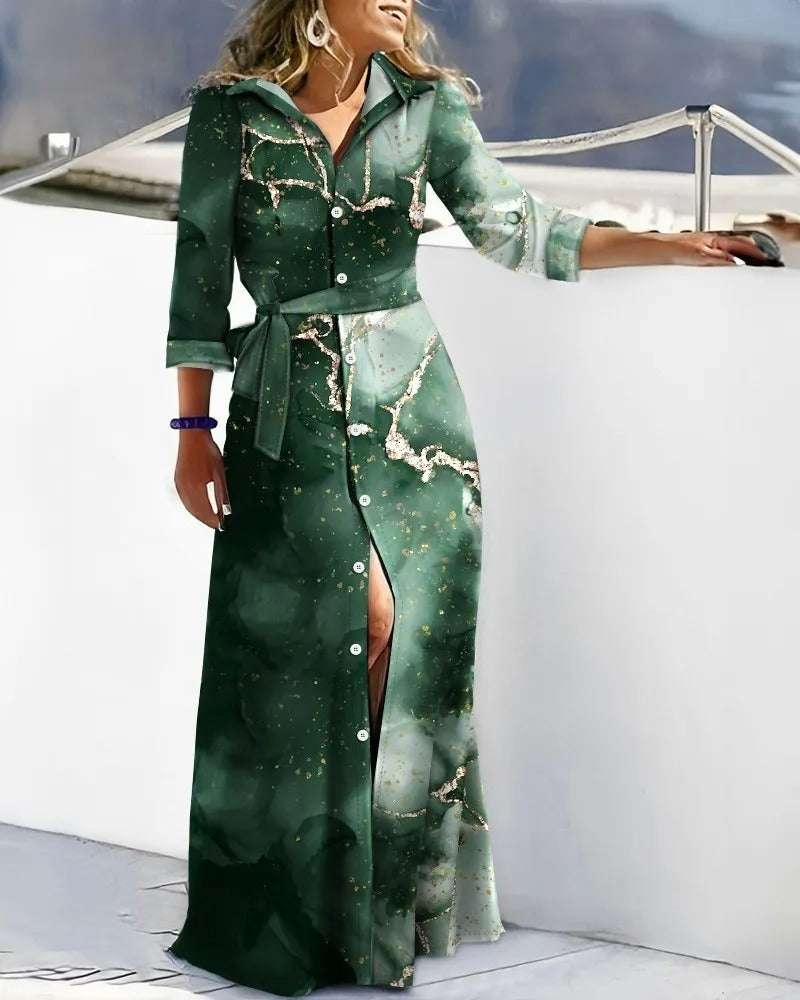 Mode Groene riem bedrukte winddichte blousejurk